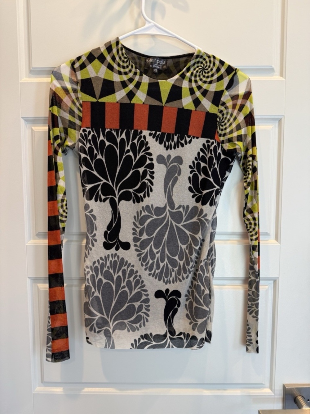 Petit Pois By Viviana G Womens Multicolor Abstract Mesh Long Sleeve Top Size XS